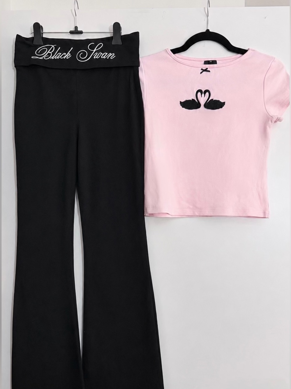 Pink & Black Swan Set - Light Pink Top with Black Fold-over Flare Pants